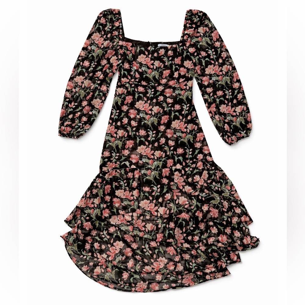 LUSH Women's Long Sleeve High-Low Boho Dress Black Red Floral Size Medium